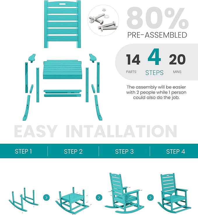 SERWALL Outdoor Rocking Chair Set of 2, Oversized Rocking Chair with Footboard for Adults, HDPE All Weather Resistant Rocking Chairs for Patio, 350lbs Weight Capacity,Aruba