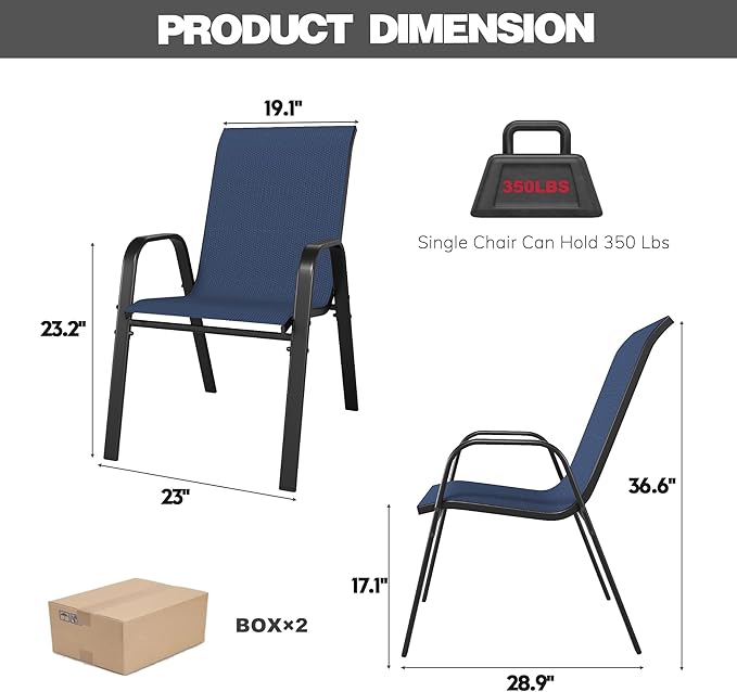 Patio Chairs, Stackable Outdoor Dining Chairs for All Weather Textilene Fabric & Metal Frame, Outdoor Chairs Set for Backyard Deck Garden (Dark Blue, Set of 4)