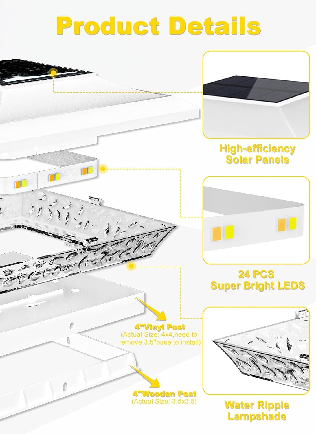 T-SUN 4x4 Solar Post Cap Light White, 6 Pack Solar Post Lights 3000K/6000K | Fit for 4x4 Vinyl Wooden Post, Waterproof Solar Post Cap Lights with Warm & Cool White, for Deck Garden Patio Yard Lighting