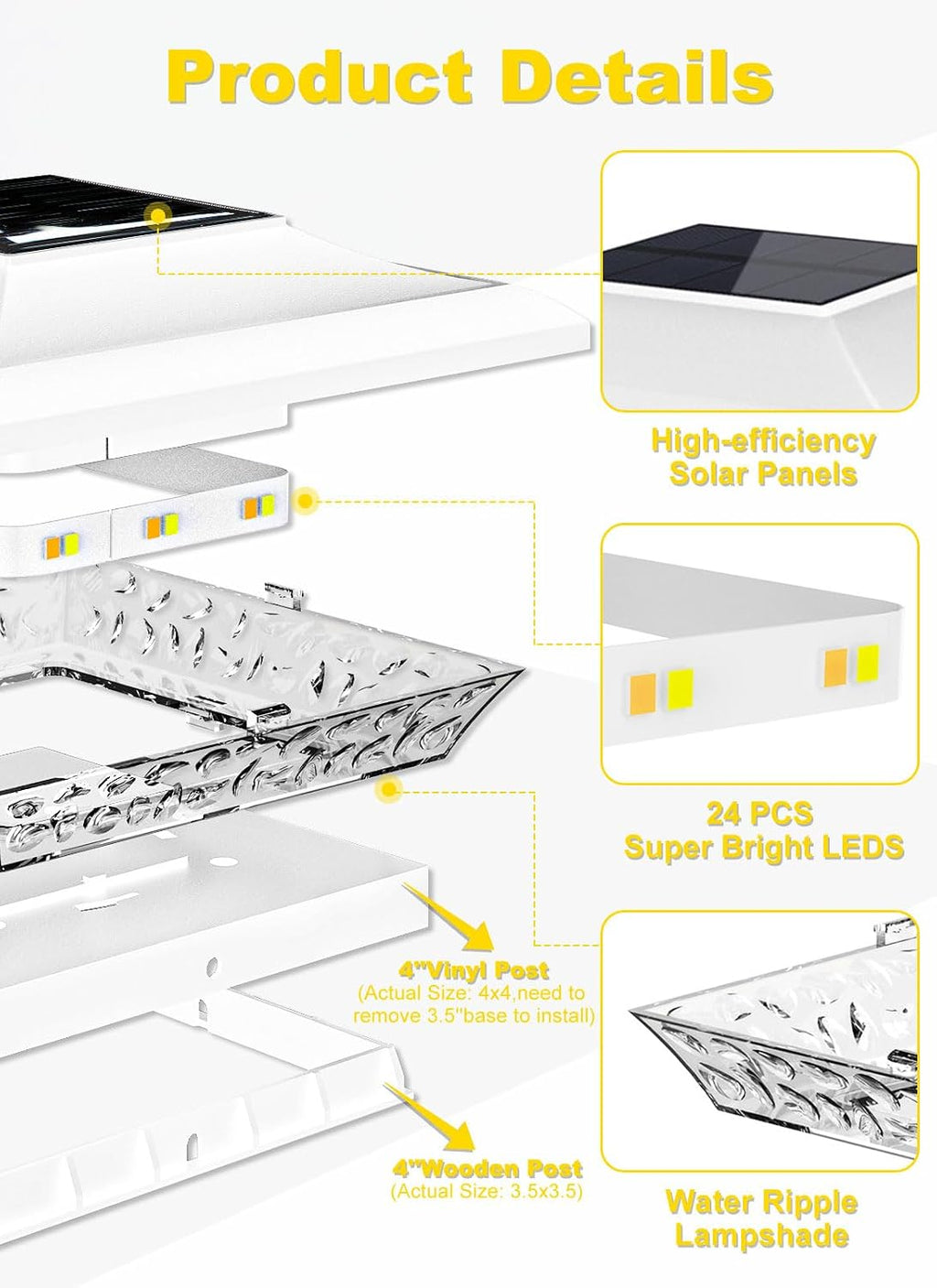 T-SUN 4x4 Solar Post Cap Light White, 6 Pack Solar Post Lights 3000K/6000K | Fit for 4x4 Vinyl Wooden Post, Waterproof Solar Post Cap Lights with Warm & Cool White, for Deck Garden Patio Yard Lighting