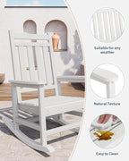 GarveeLife Poly Lumber Rocking Chair Outdoor Set of 2 with Side Table - HDPE High Back Porch Rocker Chairs for Adults - All Weather Resistant Furniture for Patio - White