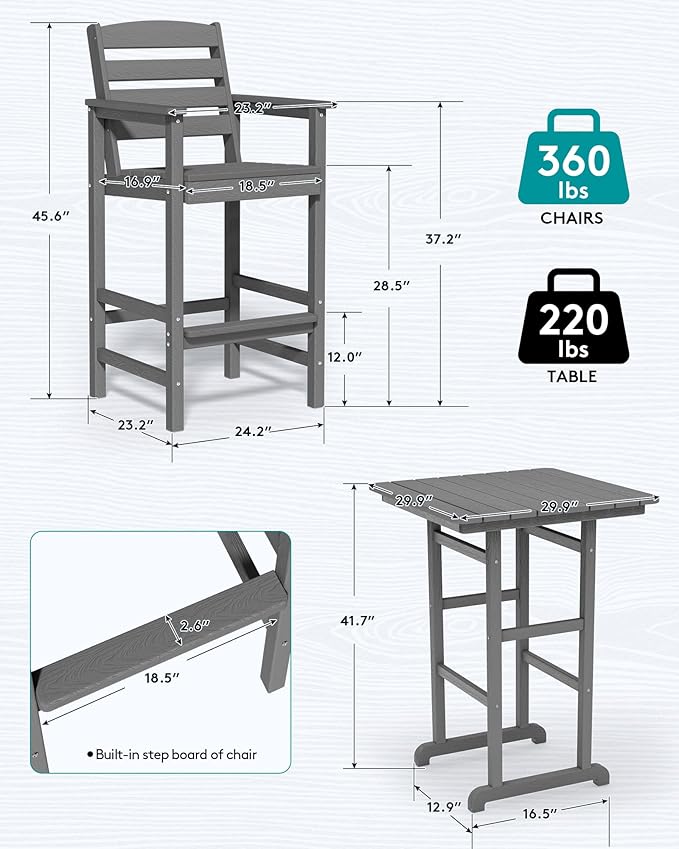 SERWALL Balcony Adirondack Chairs and Table 3 Pieces Set, Adirondack Bar Height Chairs Set of 2 and Bar Table, Outdoor Bar Stools Set, Gray
