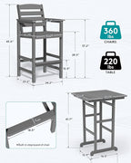 SERWALL Balcony Adirondack Chairs and Table 3 Pieces Set, Adirondack Bar Height Chairs Set of 2 and Bar Table, Outdoor Bar Stools Set, Gray