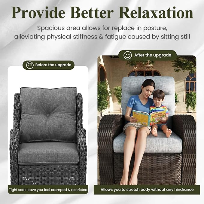 LayinSun Oversized Wicker Outdoor Swivel Glider Recliner with Adjustable Backrest & Footrest, Patio Reclining Lounge Chair - Set of 2