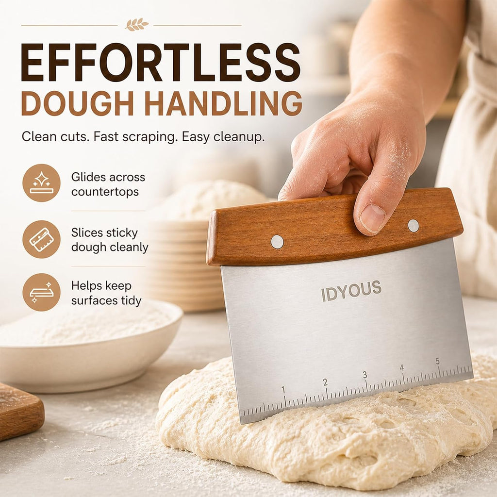 Bench Scraper and Dough Cutter, Stainless Steel Bread Cutter | Measurement Marks, Kitchen Tool for Flat Top Grill, Bread, Pizza and Baking