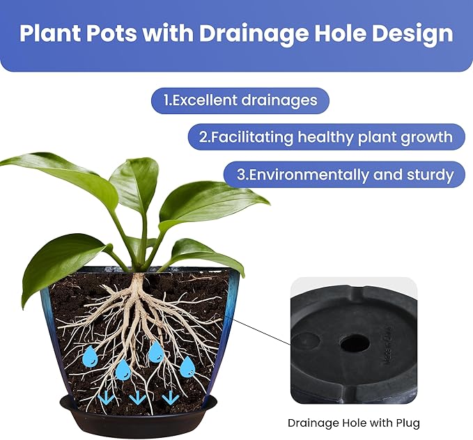 Pack of 2 Flower Pots, Plastic Plant Pots with Drainage Holes, 8 inch Modern Glossy Finishing Planter for Indoor Outdoor Plants (Blue Glaze, 2 Pack)