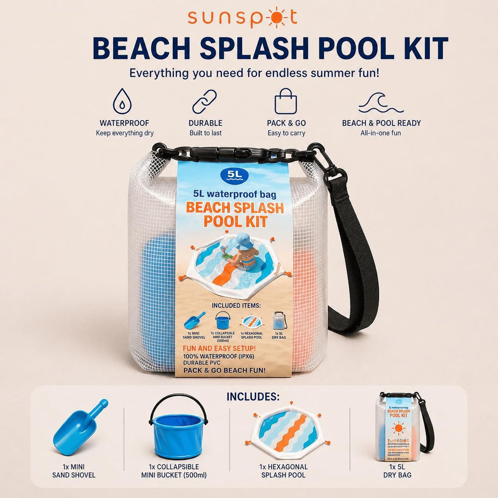 SUNSPOT 5ft Kids Beach Pool – Portable In-Ground Sand Liner with 8 Anchors, Fun Filling Bucket & Travel Carry Bag. The Ultimate Pop-Up Wading Splash Pool for Toddlers and Infants (Funky Waves)