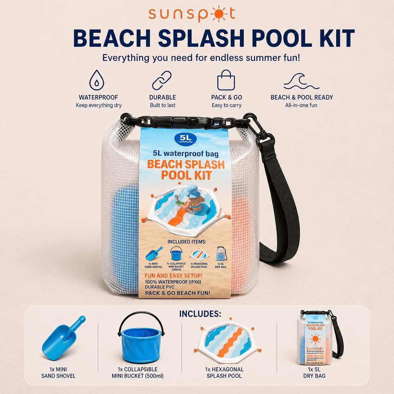 SUNSPOT 5ft Kids Beach Pool – Portable In-Ground Sand Liner with 8 Anchors, Fun Filling Bucket & Travel Carry Bag. The Ultimate Pop-Up Wading Splash Pool for Toddlers and Infants (Funky Waves)