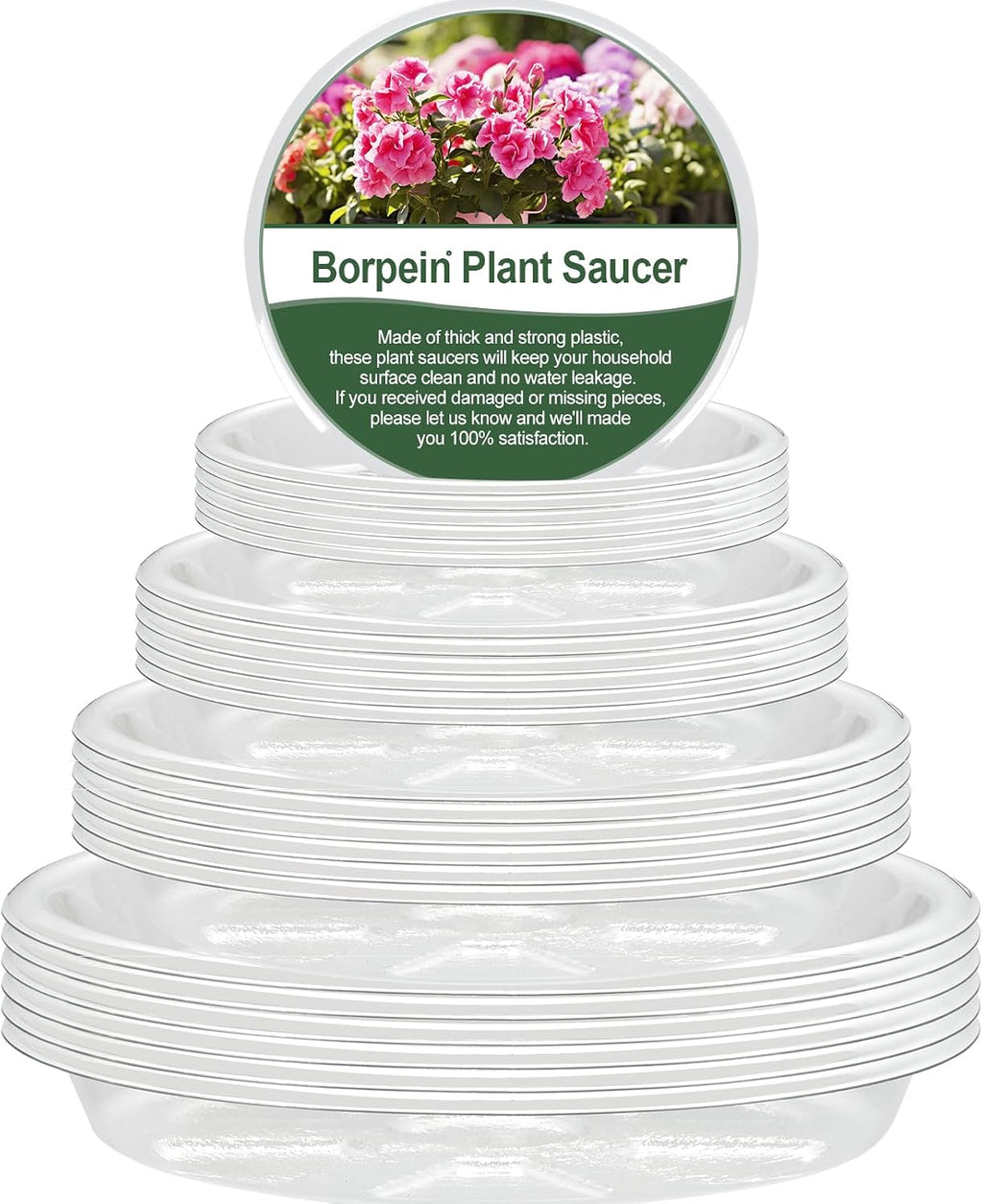 BORPEIN Plant Saucer (6,8,10,12inch, 24 Pack) Clear Plastic Plant Trays for Pots Indoors Outdoors, Thicker Flower Pot Saucers, Plant Plate to Catch Water