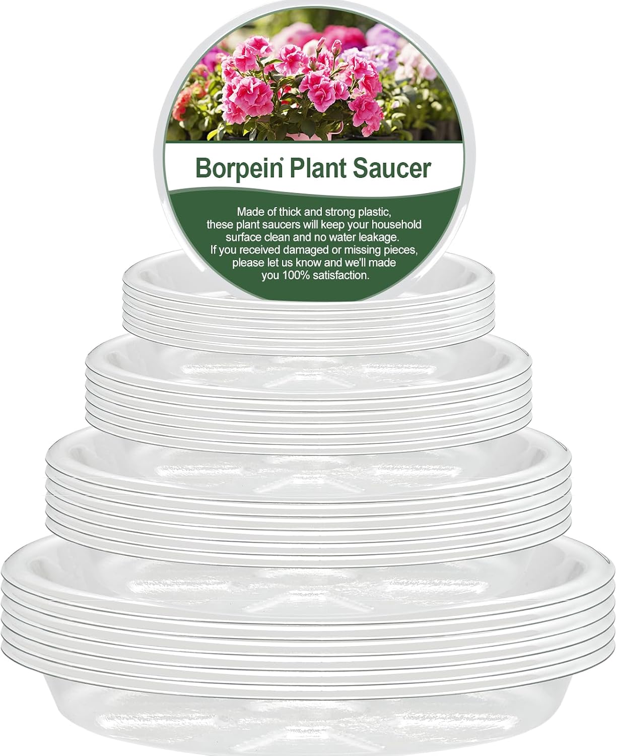 BORPEIN Plant Saucer (6,8,10,12inch, 24 Pack) Clear Plastic Plant Trays for Pots Indoors Outdoors, Thicker Flower Pot Saucers, Plant Plate to Catch Water