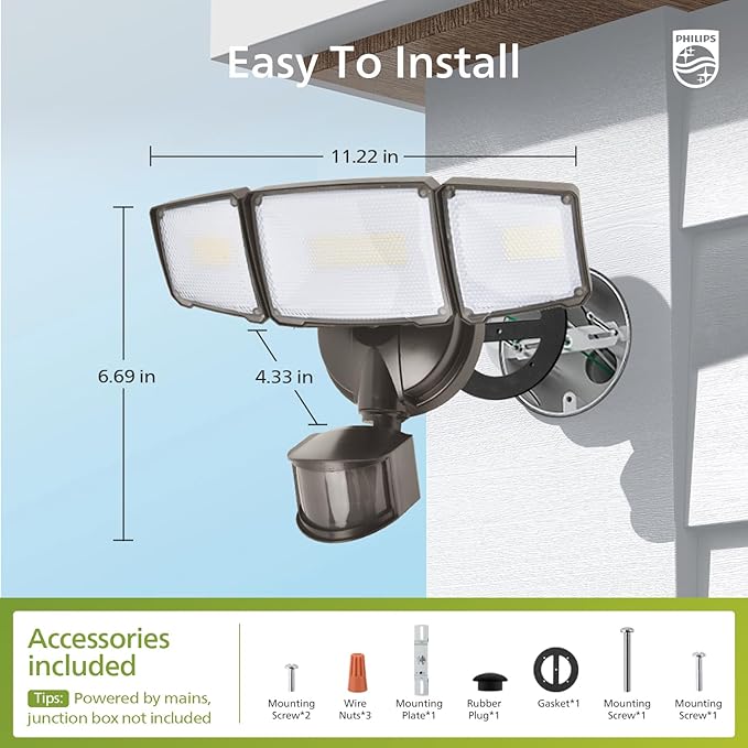 Philips 72W 7400LM LED Security Lights w/PIR Motion Sensor Outdoor, 5000K Daylight Dusk to Dawn Aluminum Flood Light, 3 Adjustable Heads, Waterproof for Garage, Yard, Porch