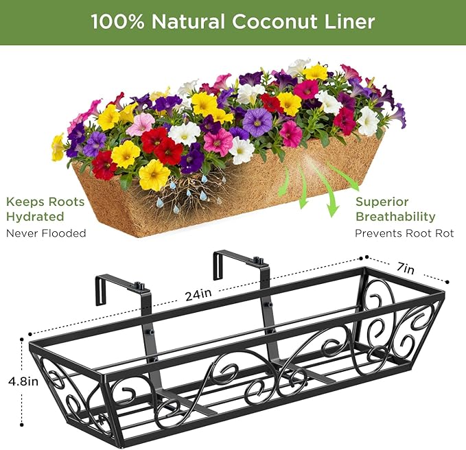 Y&M 24 Inch Window Deck with Coco Liner, Fence Metal Hanging Flower Planter Window Basket Deck Railing Planter Boxes for Outdoor Garden Lawn-Butterfly,6pcs
