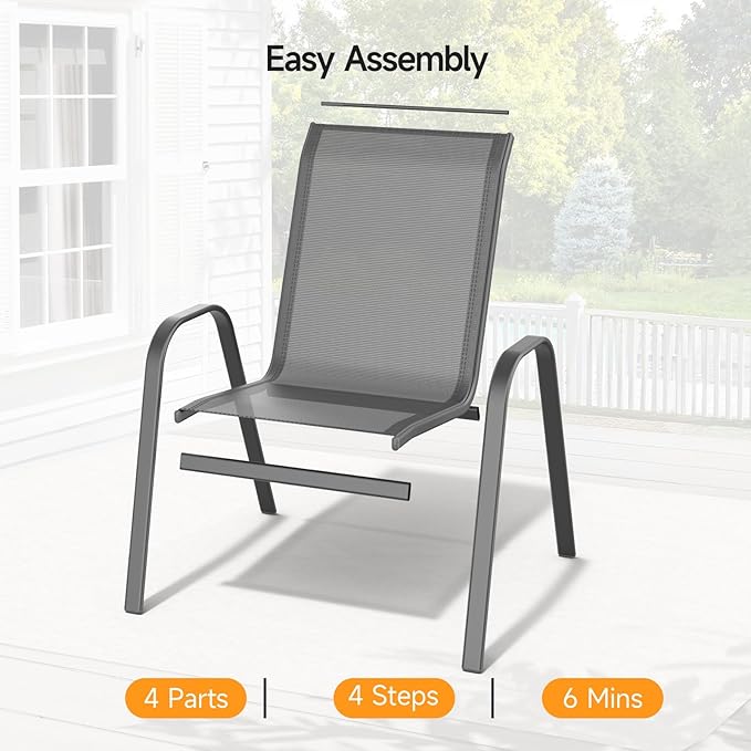 ONBRILL Patio Chairs set of 6, Easy Assembly Stackable Outdoor Dining Chairs with Wide Seat and Sturdy Metal Frame, Breathable All Weather Textilene Outdoor Chairs Set of 6 for Deck, Pool, Porch, Grey