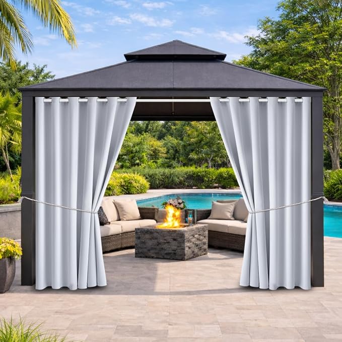 Water Proof Outside Curtains with Grommet Top for Porch, W84 x L84 Thermal Insulated Washable Light Block Outdoor Divider Drapes for Patio Gazebo Deck Pool Area Pergola Cabana (2 Panels)