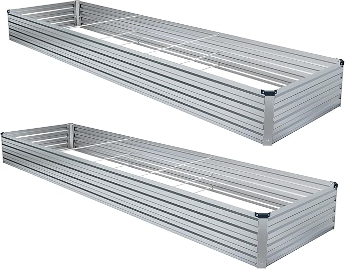 2 Pack 12x4x1FT Galvanized Raised Garden Bed Kit, Outdoor Metal Planter Box for Vegetables, Bottomless Rectangular Gardening Bed with Support Rods, Tool-Free Assembly, Silver