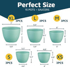 Aqua Plant Pots with Drainage Holes & Saucers 15 Pack, Indoor & Outdoor Stackable Space-Saving Planters for Houseplants & Flowers, (7", 6.7", 6", 5.3", and 4.8" Inches), Durable & Weatherproof
