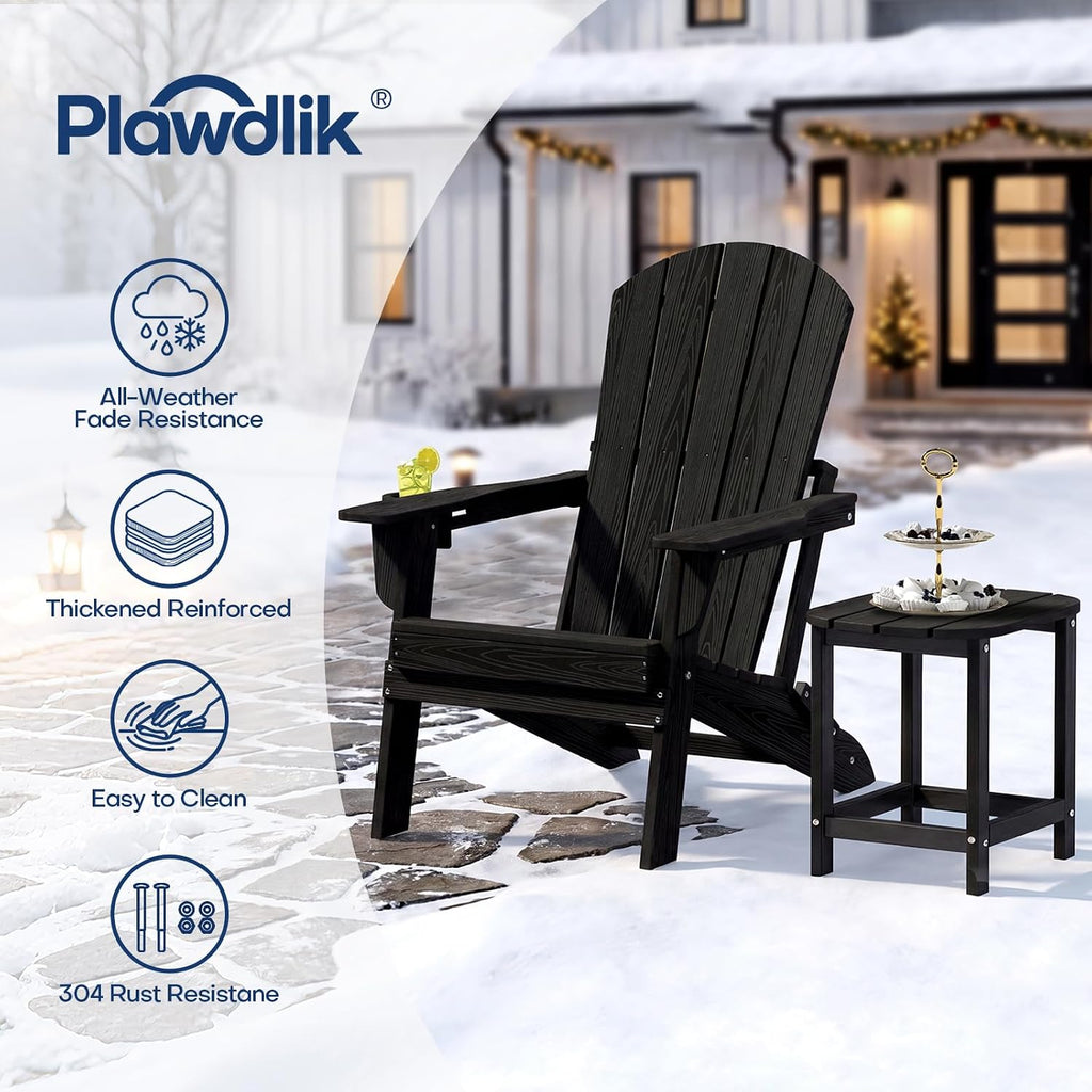 Folding Adirondack Chair Set of 4, Cup Holder，Wooden Textured ，Heavy All-Weather HDPE Comfortable Set Poolside Backyard Lawn Black