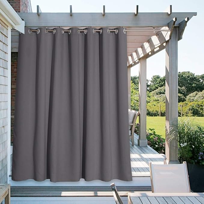NICETOWN Outdoor Curtain Divider for Patio Waterproof 108" Length, Thermal Insulated Rustproof Grommet Blackout Privacy Indoor Outdoor Living Curtain/Drape for Public Space, Grey, 1 Panel, 100" W