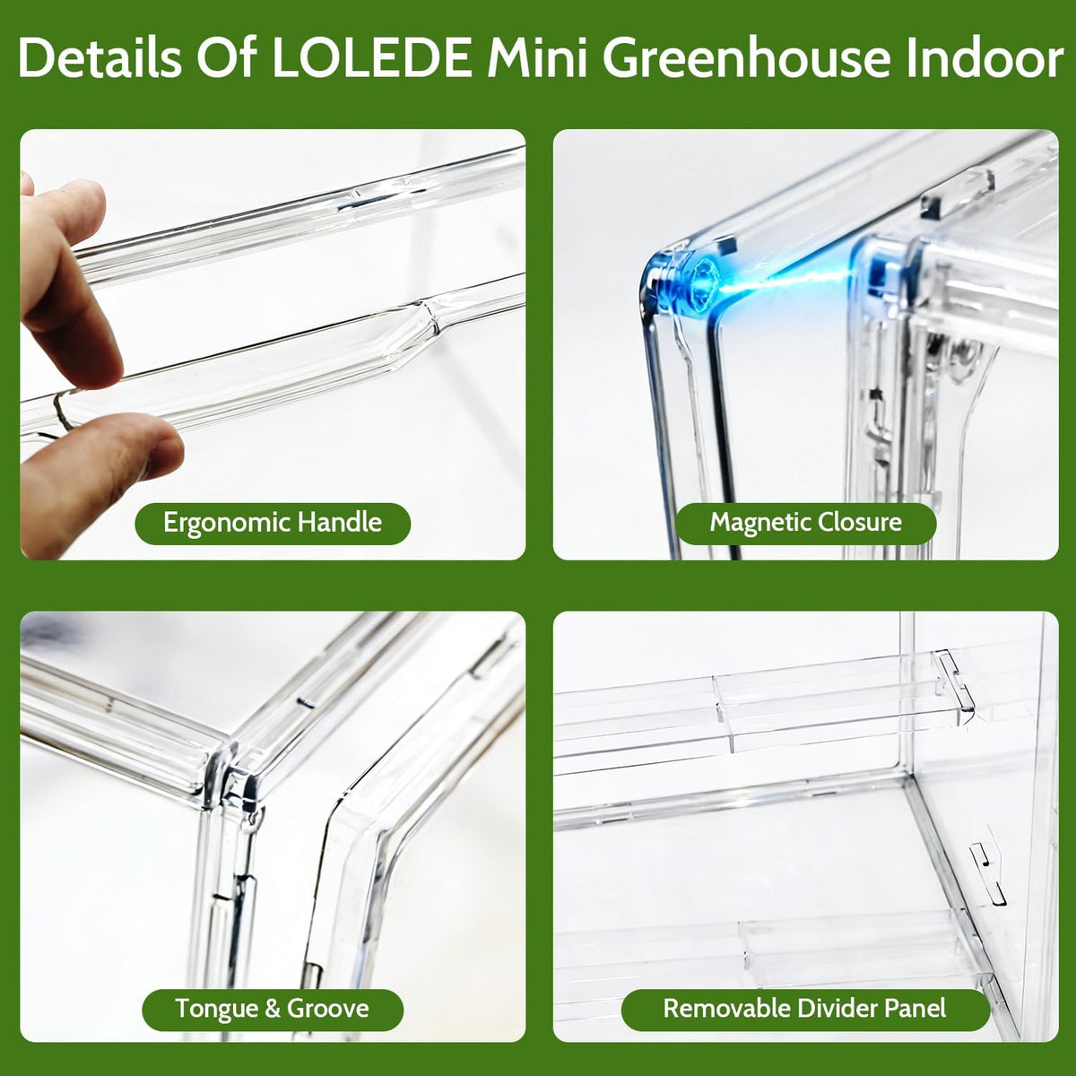 clear mini greenhouse indoor, small stackable tabletop portable, close-up detail