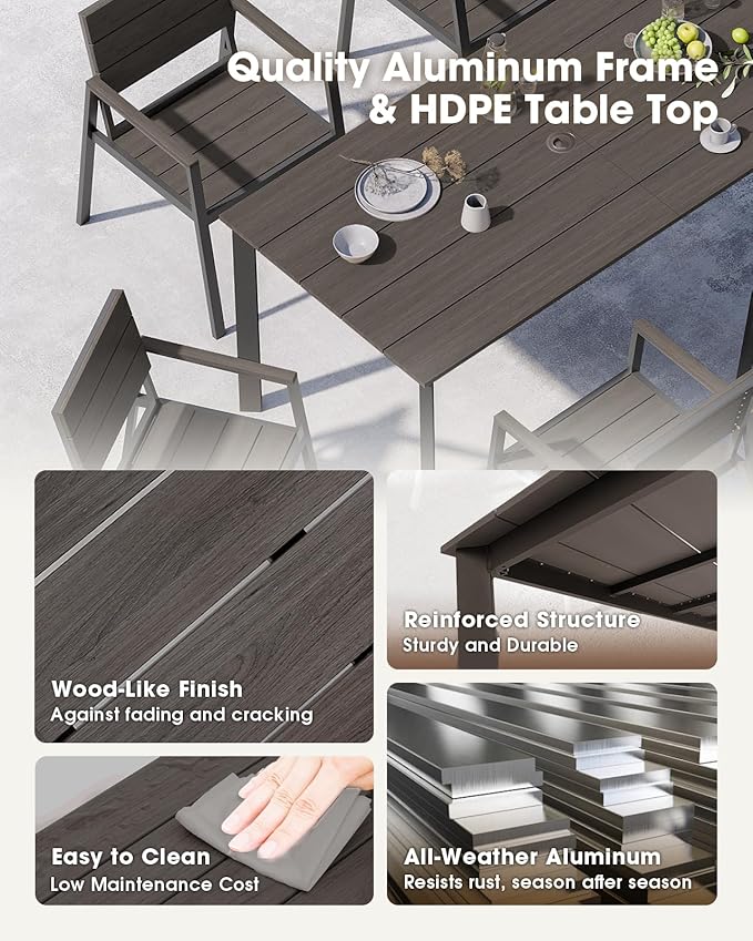 Outdoor Patio Dining Table, Aluminum & HDPS Outdoor Table with Umbrella Hole, All-Weather for Deck, Garden, Lawn, Backyard, Poolside (Charcoal)