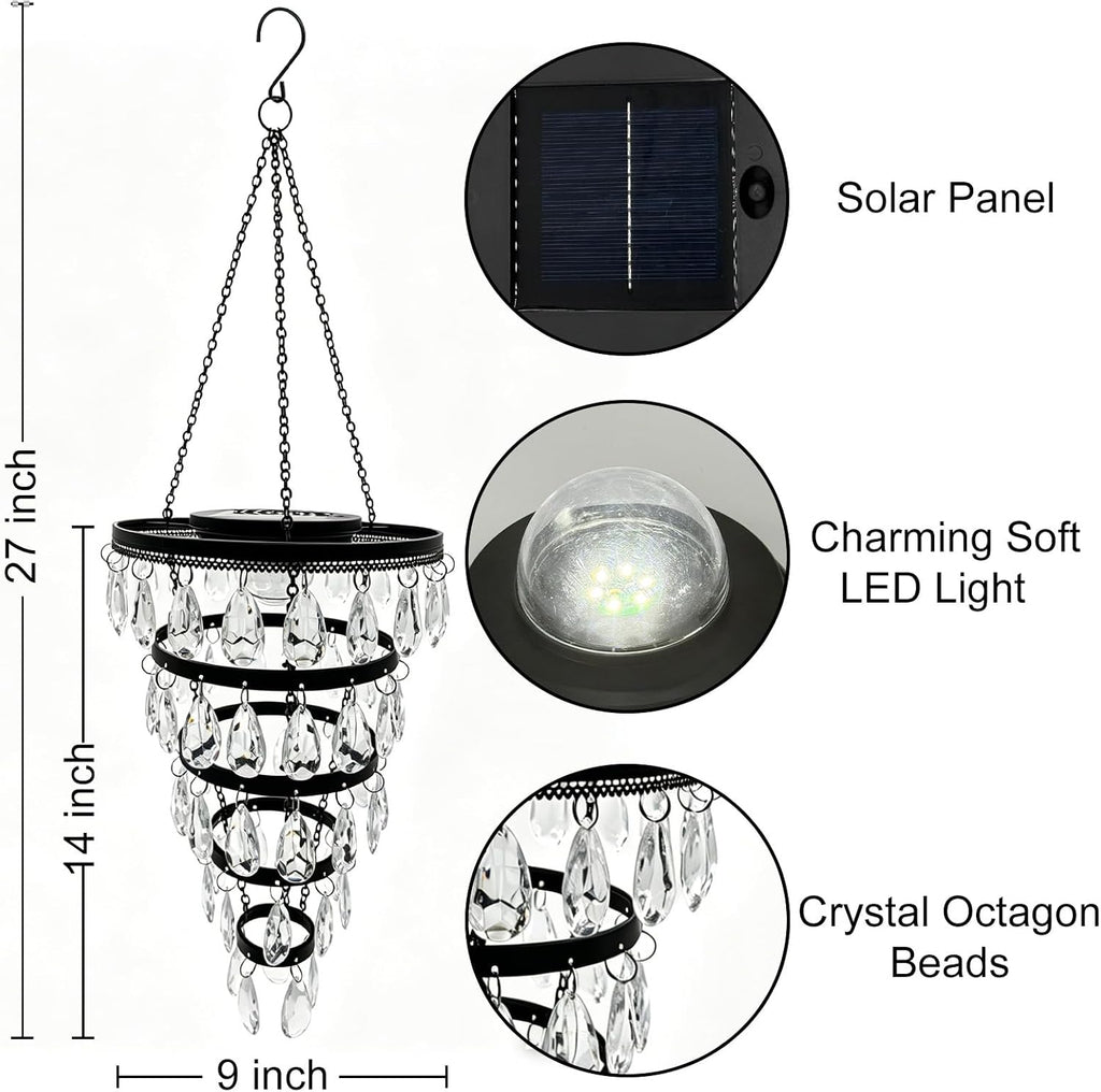 SUNNYPARK Hanging Solar Chandelier Light Outdoor Waterproof | Handcrafted with Teardrop Prisms, Solar Powered, Decorative Hanging Light for Patio, Porch, Gazebo Garden & Holiday