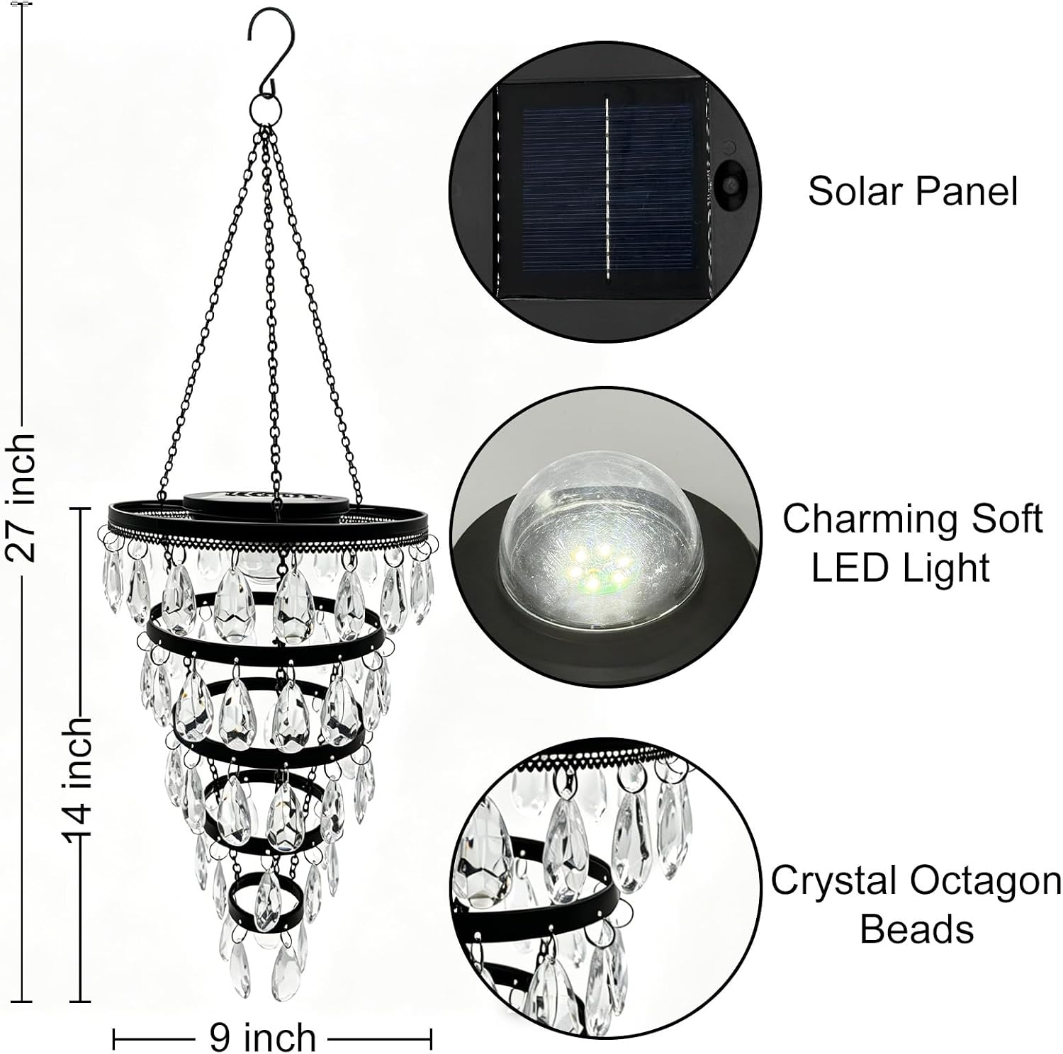 SUNNYPARK Hanging Solar Chandelier Light Outdoor Waterproof | Handcrafted with Teardrop Prisms, Solar Powered, Decorative Hanging Light for Patio, Porch, Gazebo Garden & Holiday