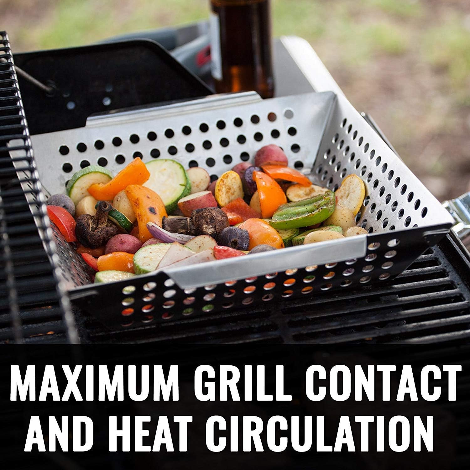 Grill Basket for Outdoor Grill - Durable Premium Stainless Steel Vegetable Grill Basket - XL Family Size BBQ Grill Basket - Perfect Grilling Accessories for Veggies, Fish, Shrimp & Kebabs | Family-Sized | Dishwasher Safe | Stainless Steel | Includes