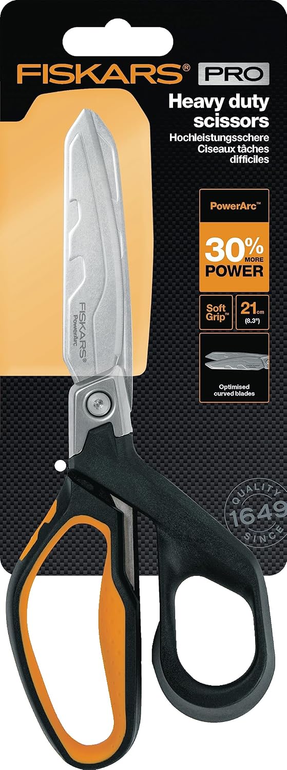 Fiskars PowerArc Heavy-Duty Scissors, Up to 30% More Power, Length 21cm, Durable Stainless Steel Blade/Plastic Handles, Black/Orange, 1027204