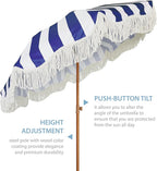 AMMSUN Boho Fringe Umbrella Outdoor Patio, 6.5ft UPF50+ Picnic Umbrella with Tassels with Steel Pole and Push Button Tilt, Navy Stripe