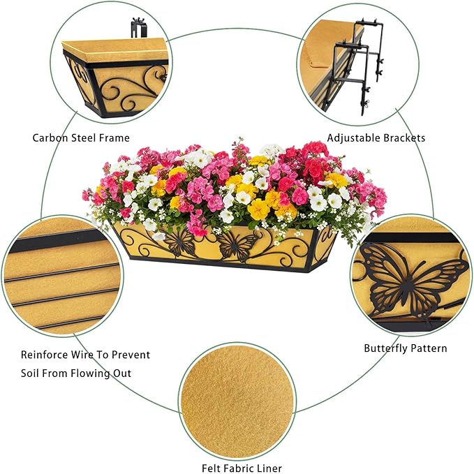 4 Pack 24 Inch Window Boxes Planter Railing Planters Box with Adjustable Brackets for Porch Deck Balcony Hanging Butterfly Decorative Flower Baskets & Non-Woven Fabric Liner for Outdoor Plants - Black