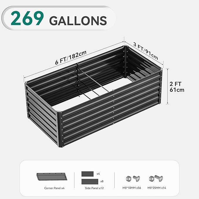 YITAHOME 6x3x2 ft 4pcs Galvanized Raised Garden Bed Kit, Large Metal Planter Box with Gloves & Support Rod, Outdoor Flower Bed for Plants Vegetables, Black