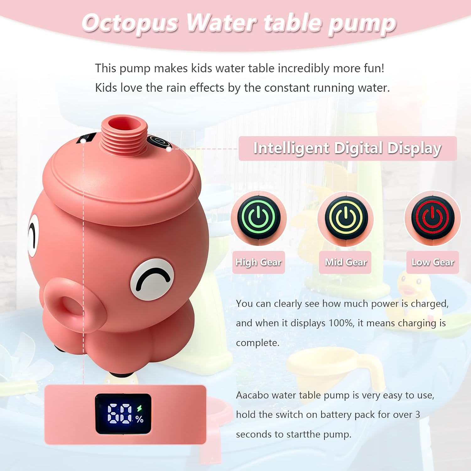 Rechargeable Water Table Pump with Huge Water Output,Water Flow Rate up to 8L/min (2.11 GPM),Kids Sand Water Play Pump,Octopus-Shaped Design,Suitable for Most Water Table on the Market