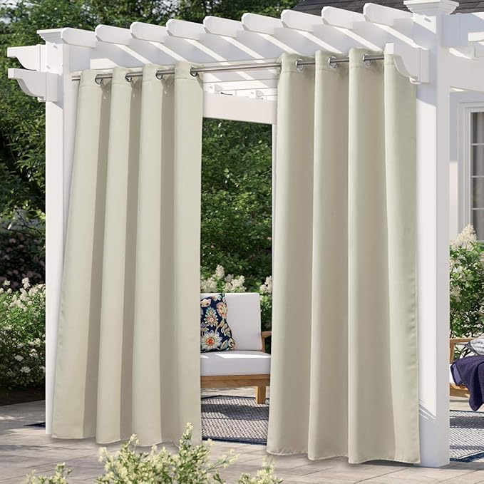 NICETOWN Weighted Patio Outdoor Curtain 95 inch Length, Home Fashion Microfiber Thermal Insulated Silver Stainless Steel Grommet Room Darkening Drape for Terrace, Beige, 1 Panel, W52 x L95