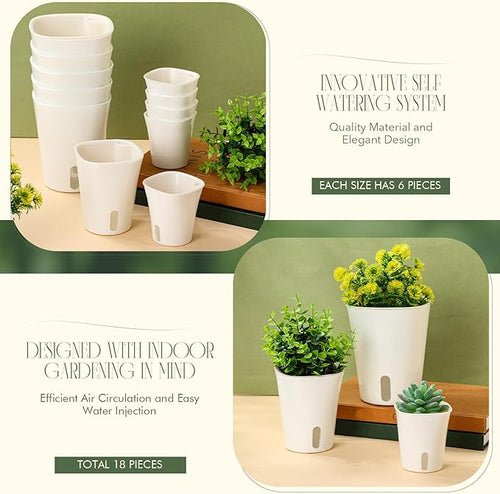 18 Pcs Self Watering Pots Plastic Plant 3 Sizes Flower Plant Pot with Inner White Flower Pots for Indoor House Plants Plastic Self Watering Pot for Herbs Flowers