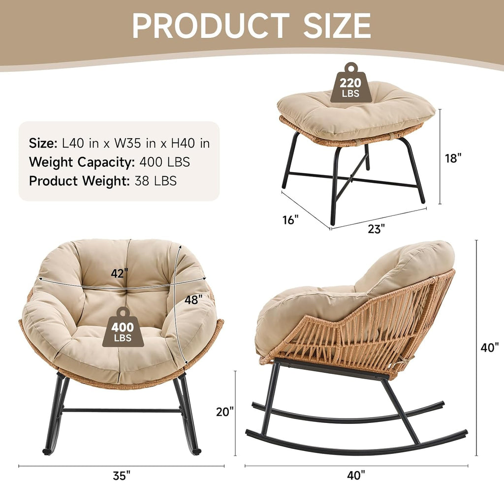 Papasan Rocking Chair with Ottoman, Oversized Papasan Chair, Beige | Indoor & Outdoor Rocker Chair with Padded Cushion for Living Room, Patio, Garden