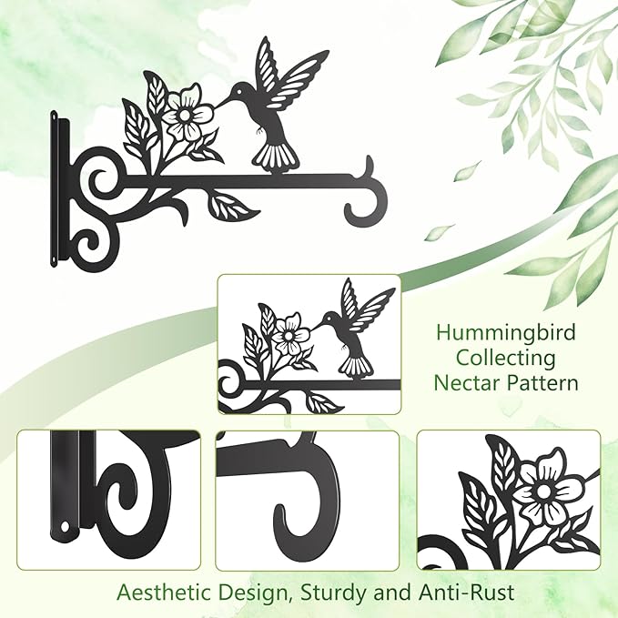 2-Pack Aesthetic Plant Hangers Outdoor – 10 Inch Metal Hanging Plant Bracket with Beautiful Hummingbird Pattern – Anti Rust Plant Hooks for Hanging Plants, Bird Feeder, Windchime, Lantern