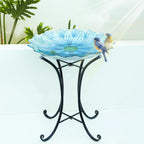 MUMTOP Outdoor Glass Bird Bath with Metal Stand for Yard Garden Decor, Blue | 18 Inch Diameter 21 Inch Height Outdoor Large Blue Flower Bird Baths Bowl for Backyard Lawn Garden Decoration