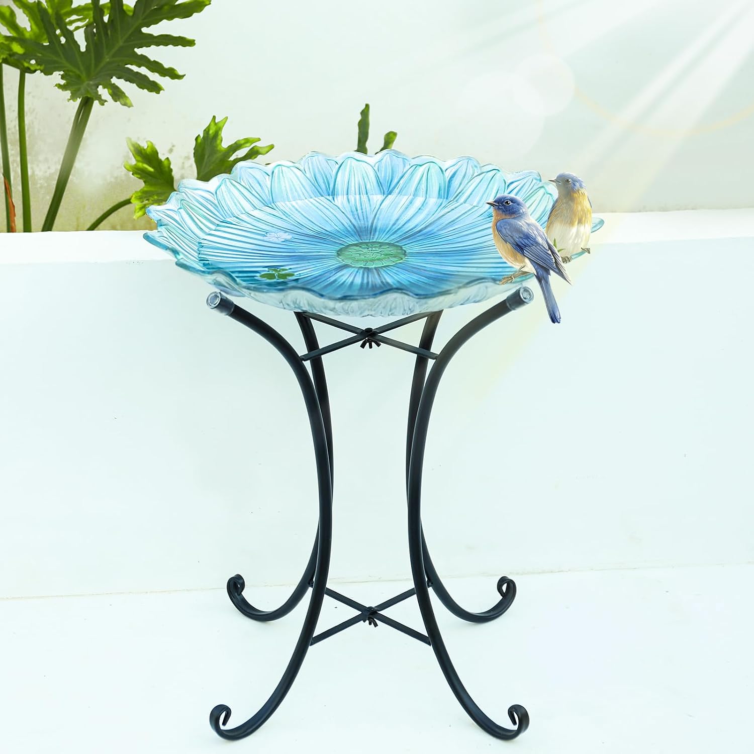 MUMTOP Outdoor Glass Bird Bath with Metal Stand for Yard Garden Decor, Blue | 18 Inch Diameter 21 Inch Height Outdoor Large Blue Flower Bird Baths Bowl for Backyard Lawn Garden Decoration
