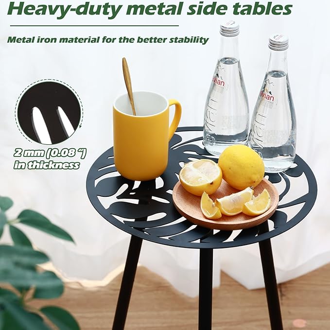 Metal Outdoor Side Tables Set of Two Small Outside Round End Table for Patio Modern Accent Garden Corner Table for Small Spaces, Balcony, Porch, Weather-Resistant, Plant Stand Indoor, Black