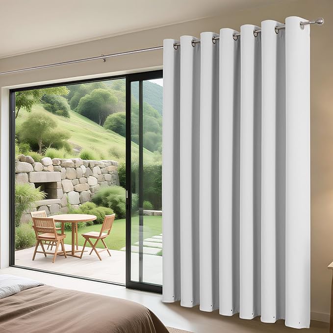 Joydeco Blackout Patio Sliding Door Curtains 84 Inches Long, Grommet Privacy Room Divider Curtains, Extra Wide Thermal Blackout Drapes for Bedroom Living Room (Greyish White, 60Wx84L, 1 Panel)