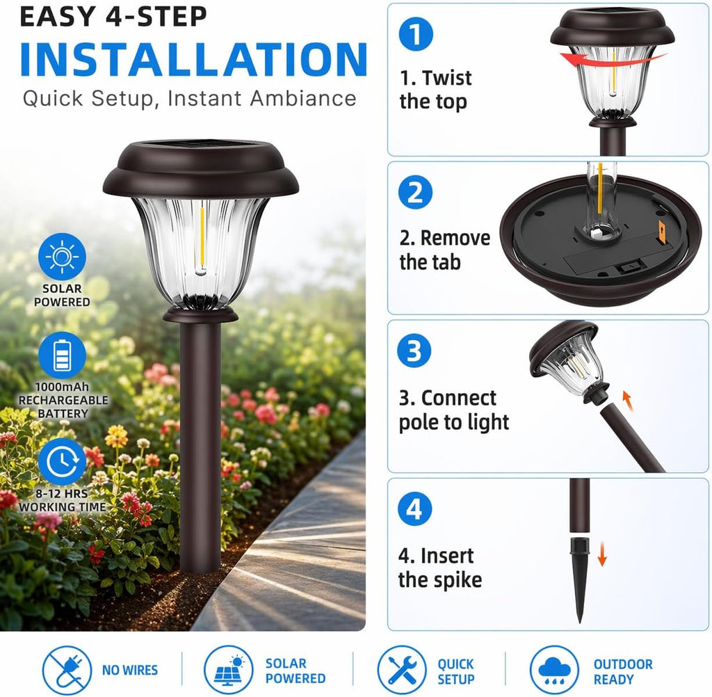 DERAYSION 8 Pack Solar Lights Outdoor Pathway, Stainless Steel Glass Solar Garden Lights, Auto On/Off Long-Lasting Waterproof Outdoor Solar Lights for Yard, Landscape, Path, Driveway, Walkway Décor