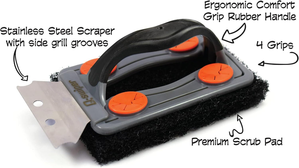 Q-Swiper BBQ Grill Brush with Stainless Steel Scraper. Bristle Free and Wire Free Cleaning. Safe Way to Remove Grease and Grime. Ideal use with The Q-Swiper Grill Cleaning Wipes (Sold Separately).