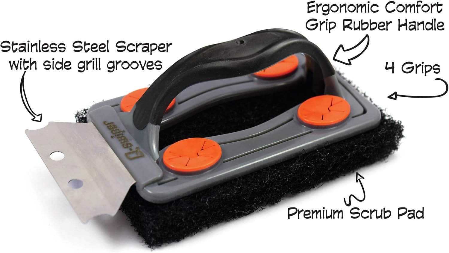 Q-Swiper BBQ Grill Brush with Stainless Steel Scraper. Bristle Free and Wire Free Cleaning. Safe Way to Remove Grease and Grime. Ideal use with The Q-Swiper Grill Cleaning Wipes (Sold Separately).