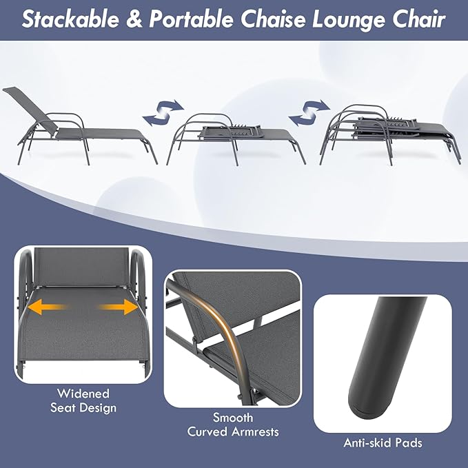 Giantex 2 Pack Patio Lounge Chair, Outdoor Chaise Lounge with 5 Adjustable Backrest, Sturdy Steel Frame, Sunbathing Recliner, Tanning Chair for Beach, Outside, Yard, Balcony, Pool Chairs (2,Dark Gray)