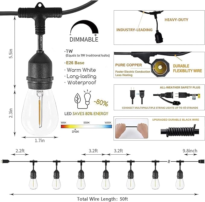 Svater Outdoor String Lights 150FT, E26 Socket, 48pcs S14 Shatterpoof Bulbs, 1 Watt Dimmable 2700K Warm White, IP65 Waterproof Commercial Grade Patio Lights（3 Pack X 50FT）