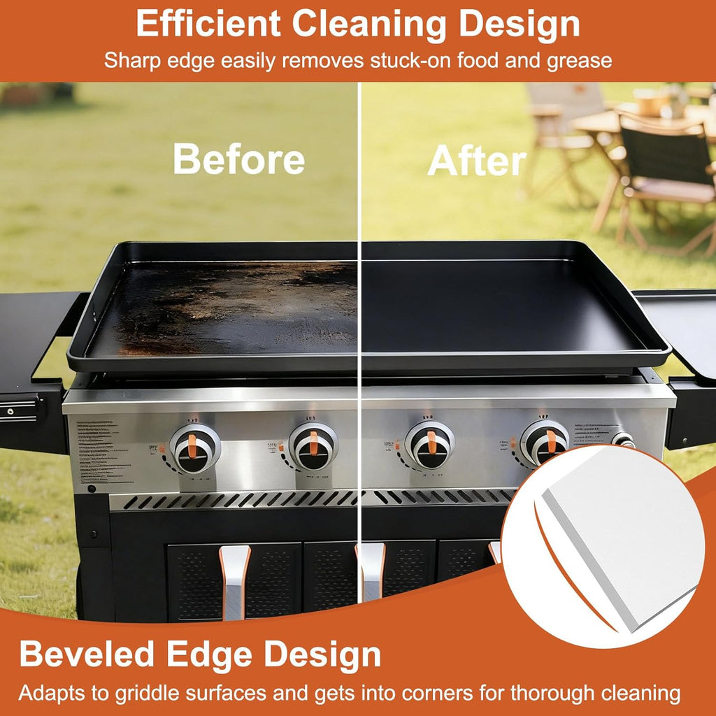 Heavy Duty Griddle Scraper, 5.3" Wide, 1.5mm Thick Stainless Steel | Full Tang, Heat-Resistant Silicone Handle, Scraper Tool for Flat Top Grill & Griddle Cleaning Accessories, Dishwasher Safe