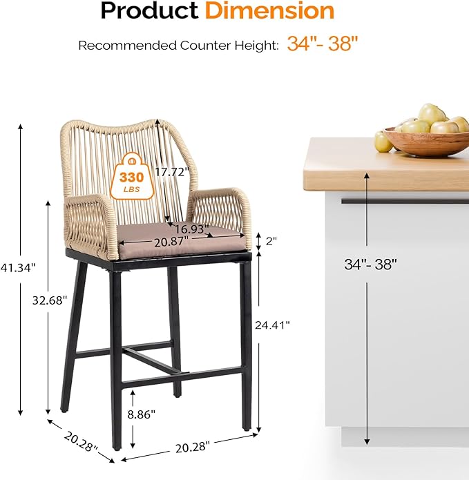 VINGLI Outdoor Counter Height Bar Stools Set of 4, Rattan Outdoor Barstools Boho Woven Patio Bar Stools with Backrest, Aluminum Frame Patio Garden Balcony Pool Bar Chair (4 PCS)