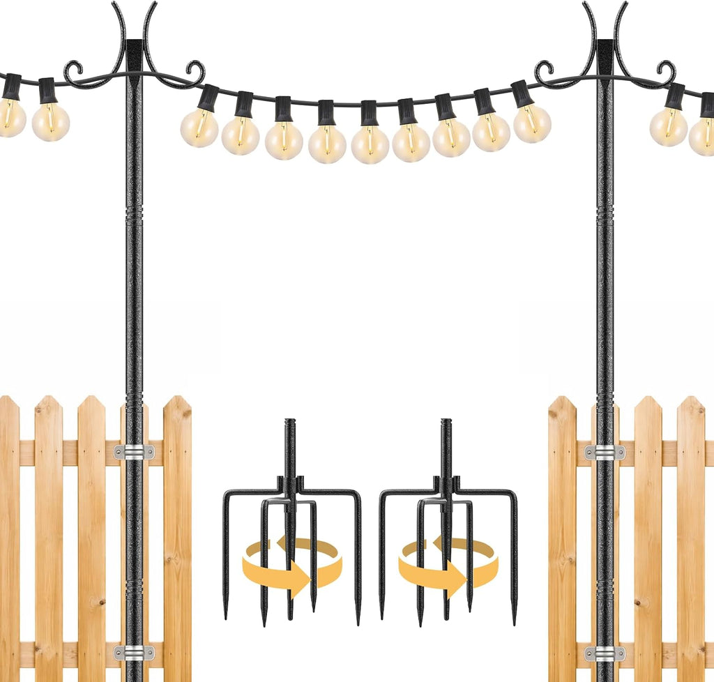 2 Pack String Light Poles for Outside, 10 FT Heavy Duty Metal Festoon Poles with 4-Prong Ground Stake, Adjustable Height Light Stand for Backyard Garden Patio Wedding Party
