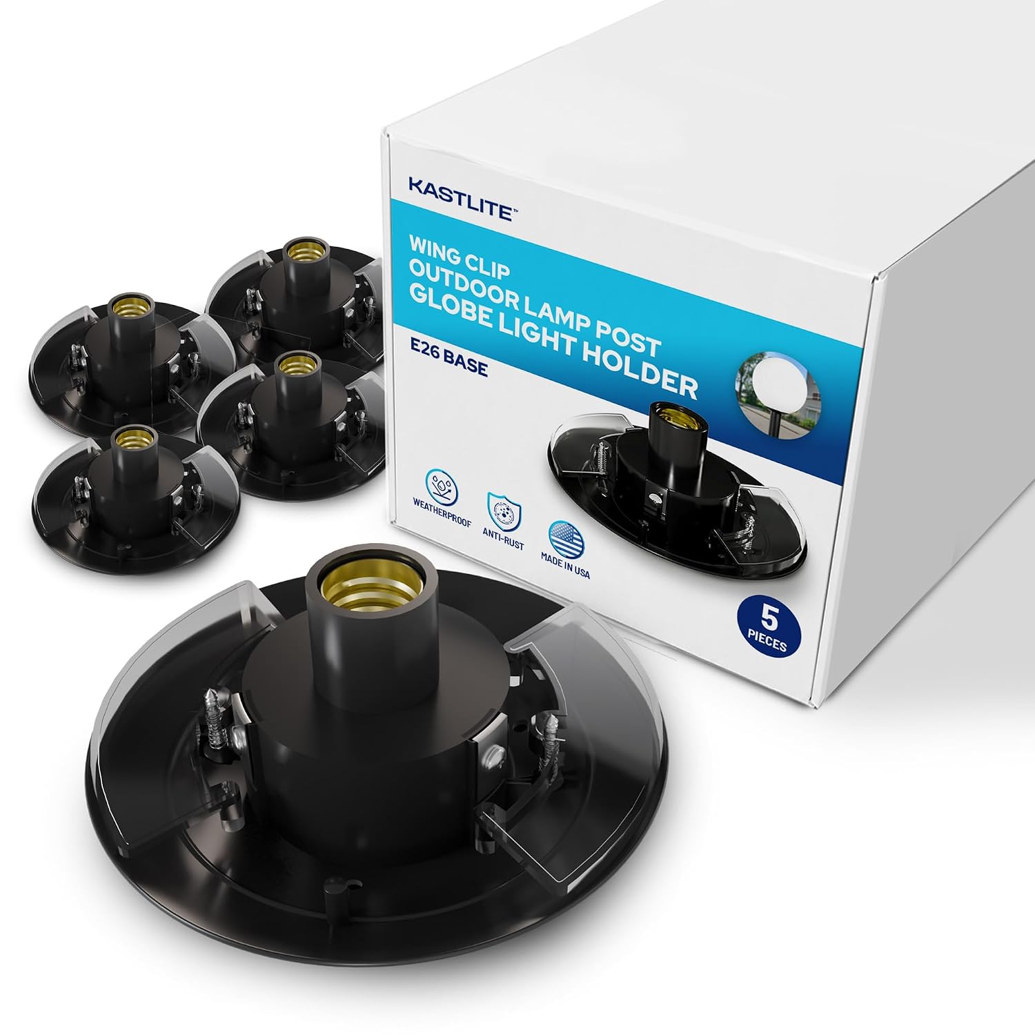 Black Post Top Wing Clip Fitter - Fits 5.25" Acorn/Globe Opening & 3" Pole Mount - USA Made Polycarbonate Outdoor Lamp Hardware - Light Fixture Shade Holder & Bulb Socket Replacement, 5-Pack | Polycarbonate Wing Clip Fitter for Post Top Lamps, Fits 5.25"