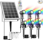 CLY Solar 6 in 1 RGB Spotlights Outdoor Garden, 10 Colors 12 Modes Solar Garden Floodlight Landscape Spotlights IP66 Waterproof 59.06ft Cable Spike Light for Lawn, Patio, Balcony